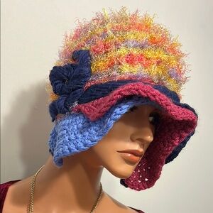 Multicolor Crochet Hat with Flower Accent